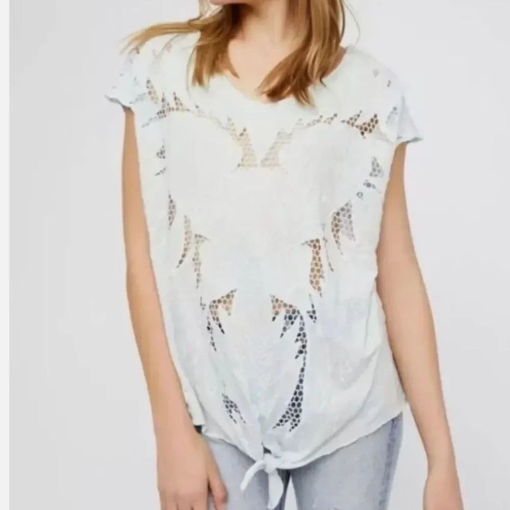 Free People Castaway Top S Blue White Tinge Knit Embroidered Oversized Tie-Front